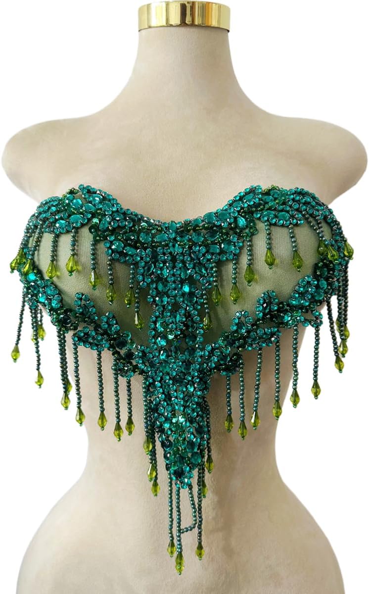 MOPISVN Handmade Crystal on lace Applique Sewing Rhinestones Fringe Beads Sequins Patches Trim Luxury Decoration Accessories for Wedding Dress 17X12.5inches (Deepgreen) - Image 1